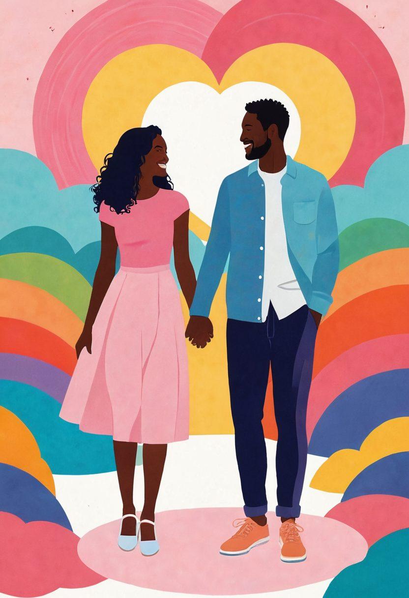 A vibrant and inviting scene of a couple smiling and holding hands in a colorful, open space, surrounded by playful silhouettes representing diverse relationships. Include soft pastel colors and playful elements like hearts and intertwined circles symbolizing connection and trust. The background should feature abstract shapes to evoke a sense of freedom and exploration. super-realistic. vibrant colors. soft focus.