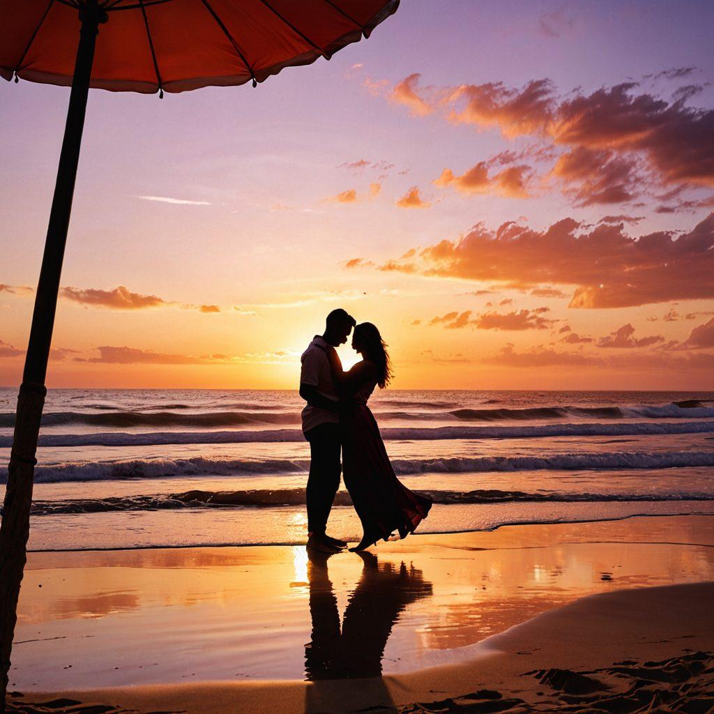 A romantic scene depicting a diverse couple enjoying a sunset at a beach, symbolizing love and freedom in the swing lifestyle. Incorporate soft, flowing fabrics representing joy and openness, with silhouettes of other couples in the background. Add elements like vibrant beach umbrellas and playful waves. The sky should burst with warm colors reflecting love and acceptance. super-realistic. vibrant colors. peaceful ambiance.