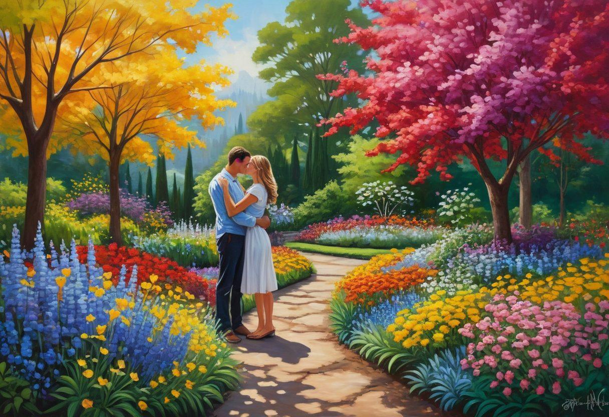 A vibrant, artistic representation of a diverse group of people joyfully interacting in a lush, colorful garden, symbolizing connection and love. Include various couples in different configurations casually engaging with one another, sharing laughter, and exchanging affectionate gestures. Incorporate symbols of love like hearts and infinity signs subtly intertwined in the foliage. Use bright, bold colors to create an inviting atmosphere. vibrant colors. painting.
